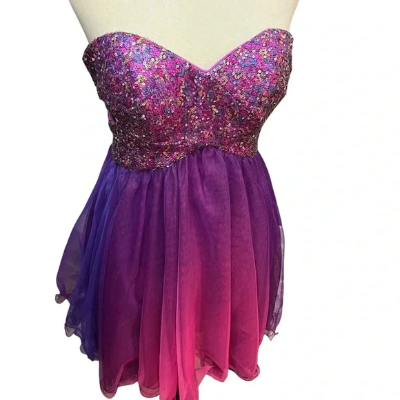 Blondie nites sequin strapless ruffle mini dress purple ombré with side cut outs - Picture 1 of 10